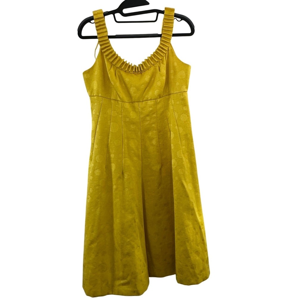Maggy London Mustard Yellow Jacquard Polka Dot Ruffle Strap Flare Dress Size 10